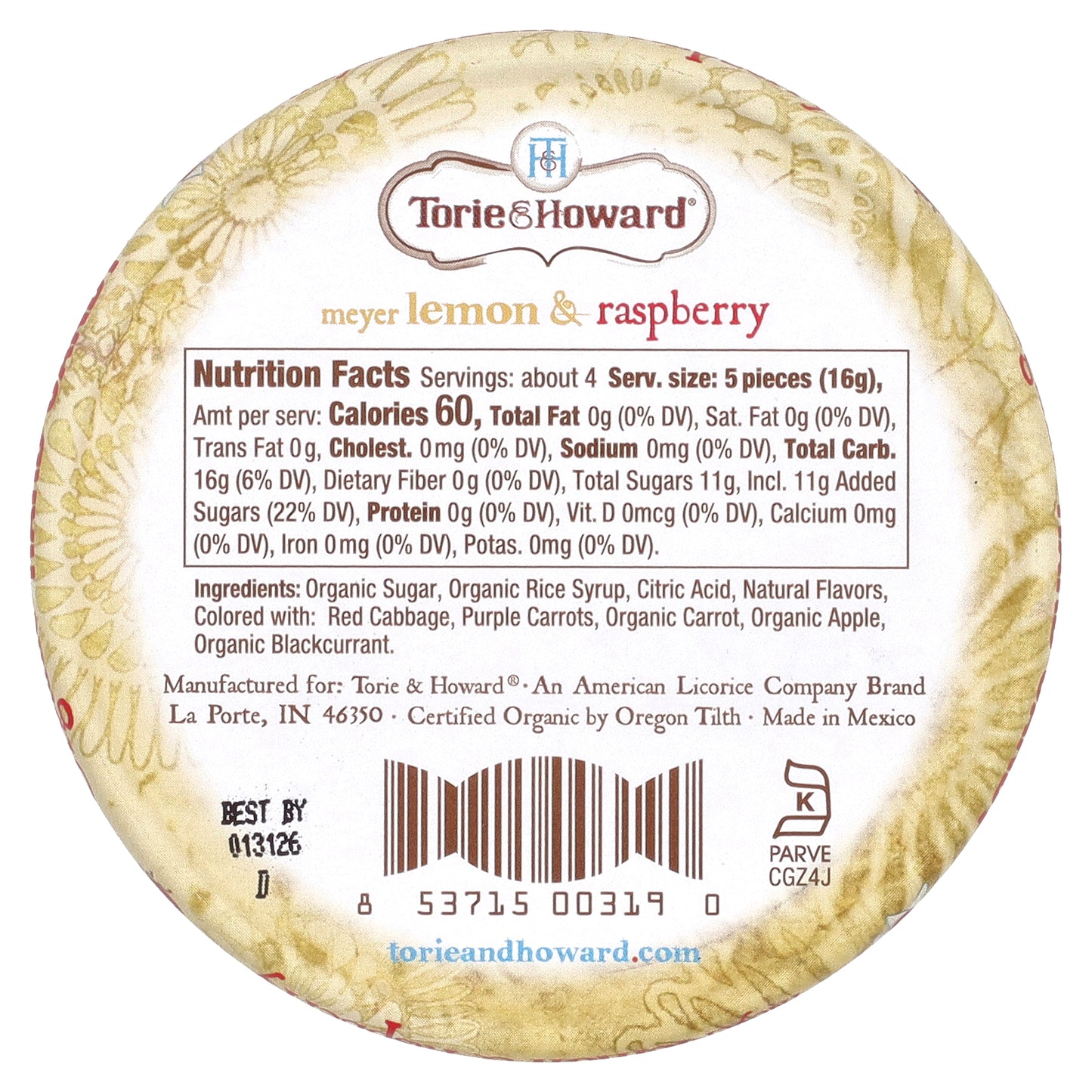 Torie & Howard, Organic Hard Candy, Meyer Lemon & Raspberry, 2 oz (57 g)