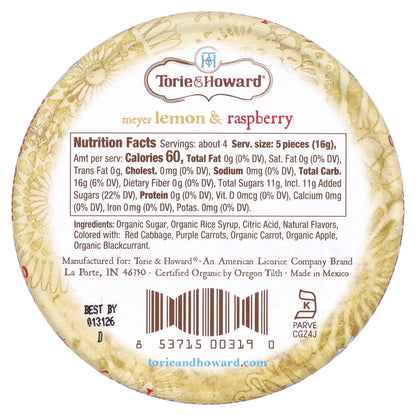Torie & Howard, Organic Hard Candy, Meyer Lemon & Raspberry, 2 oz (57 g)