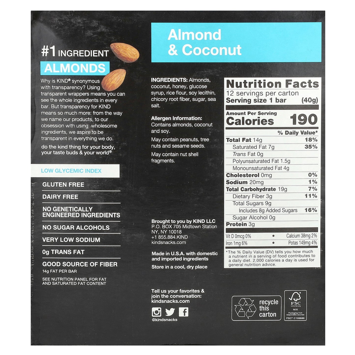 KIND Bars, Almond & Coconut, 12 Bars, 1.4 oz (40 g) Each