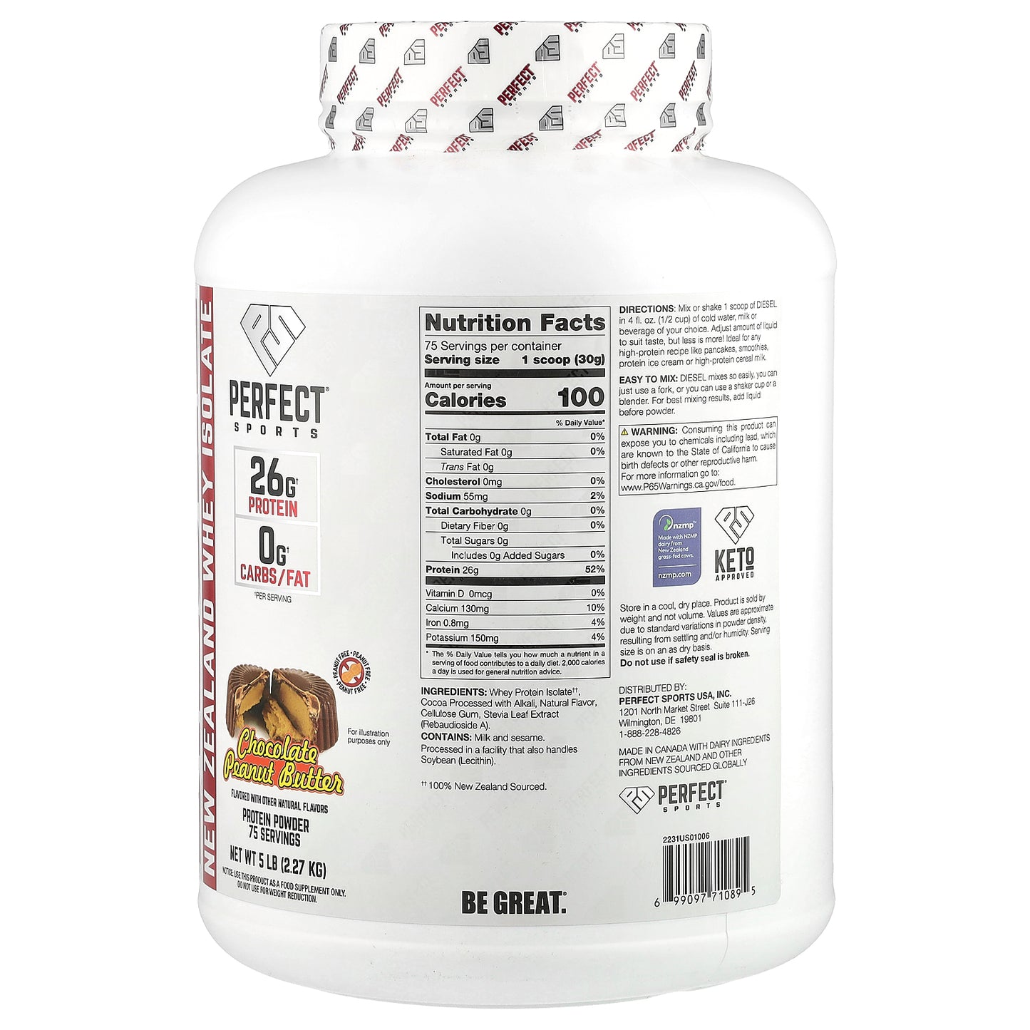 PERFECT Sports, Diesel®, New Zealand Whey Isolate, Chocolate Peanut Butter, 5 lbs (2.27 kg)