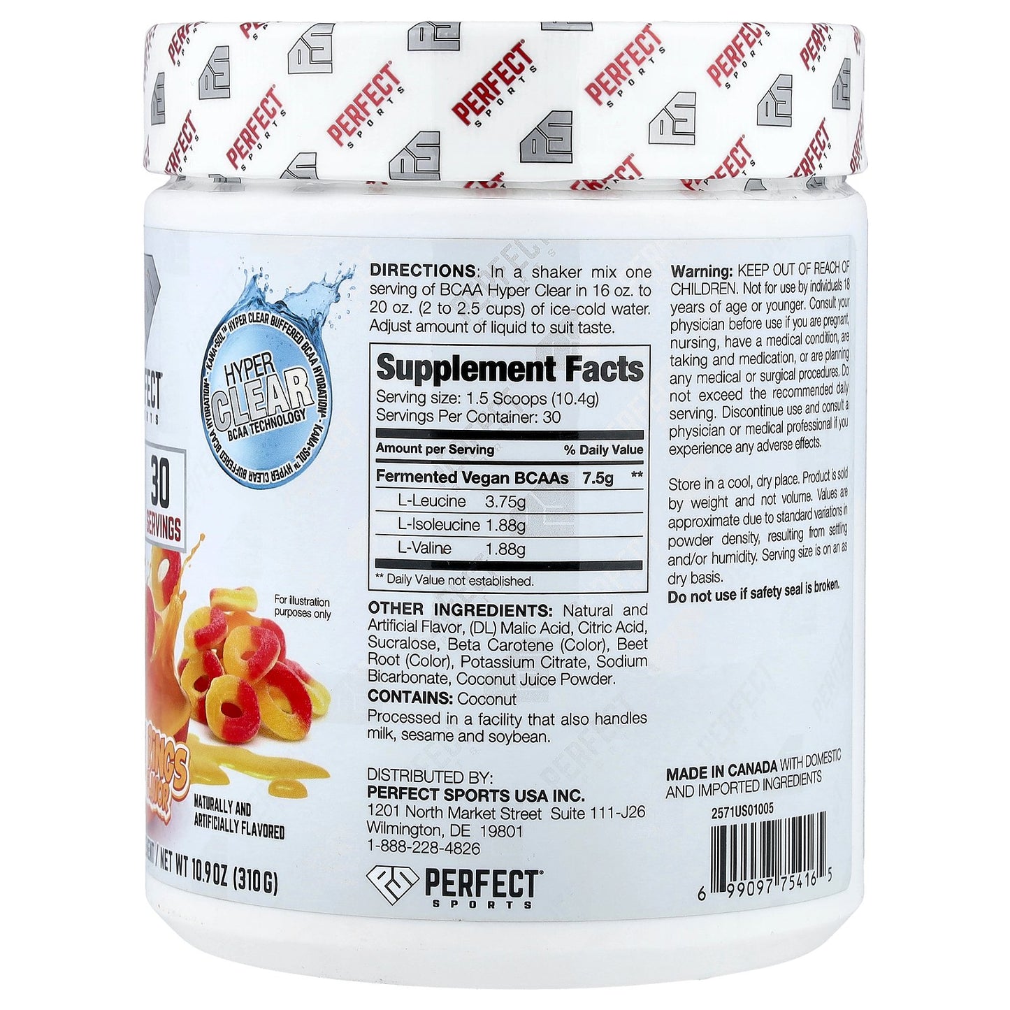 PERFECT Sports, BCAA Hyper Clear, Peach Rings Candy, 10.9 oz (310 g)