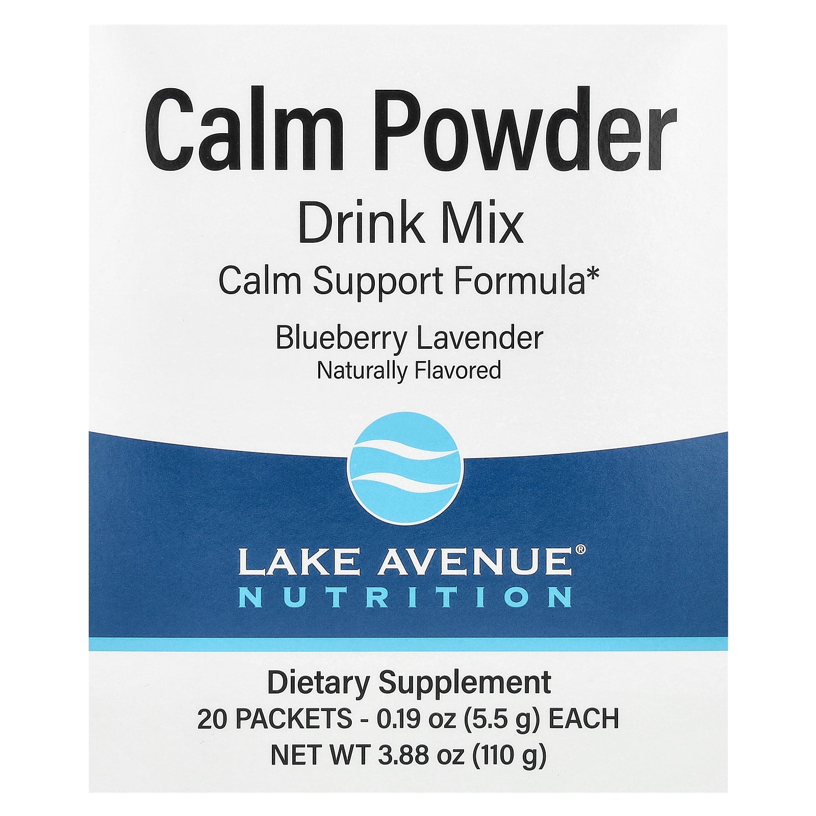 Lake Avenue Nutrition, Calm Powder Drink Mix with Potassium and AminoCalm Blend, L-Tryptophan and L-Theanine, Blueberry Lavender, 20 Packets, 0.19 oz (5.5 g) Each