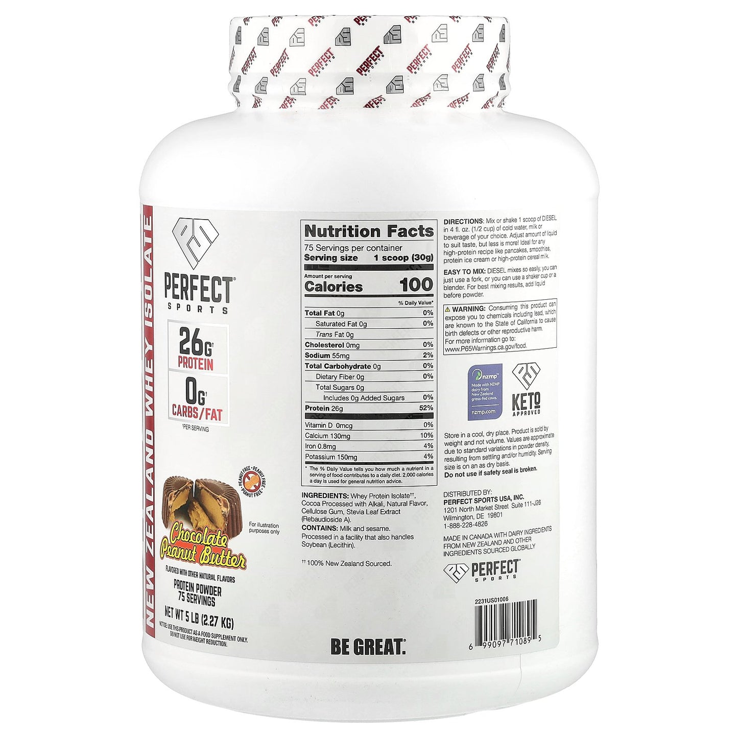 PERFECT Sports, Diesel, New Zealand Whey Isolate, Chocolate Peanut Butter, 5 lbs (2.27 kg)