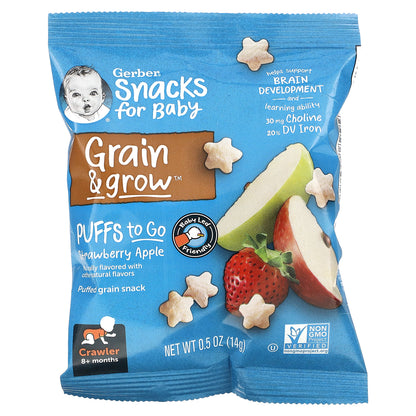 Gerber, Snacks for Baby, Grain & Grow, Puffs to Go, 8+ Months, Strawberry Apple, 12 Snack Packs,  0.5 oz (14 g) Each