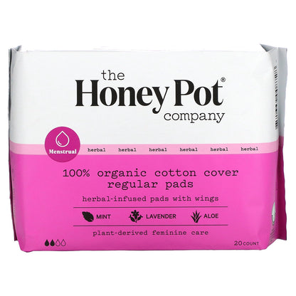 The Honey Pot Company, Organic Herbal-Infused Pads with Wings, Regular , 20 Count