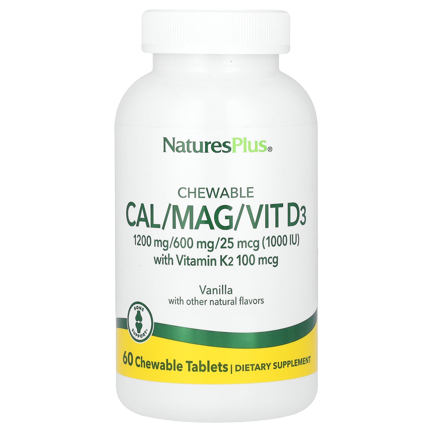 NaturesPlus, Chewable Cal/Mag/Vit D3 with Vitamin K2, Vanilla, 60 Chewable Tablets