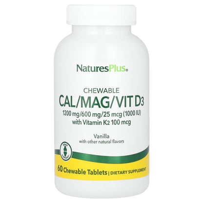 NaturesPlus, Chewable Cal/Mag/Vit D3 with Vitamin K2, Vanilla, 60 Chewable Tablets