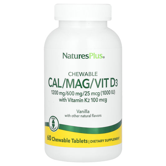 NaturesPlus, Chewable Cal/Mag/Vit D3 with Vitamin K2, Vanilla, 60 Chewable Tablets