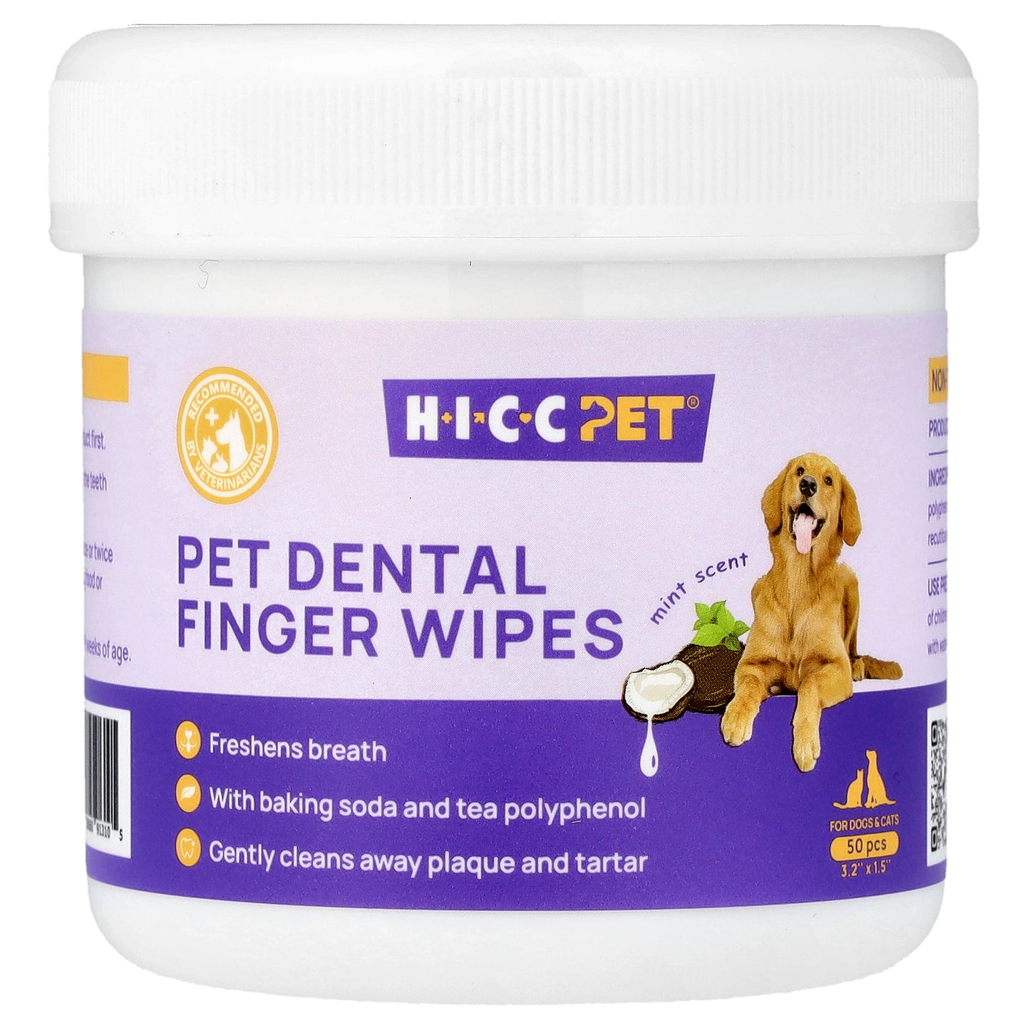 HICC Pet, Pet Dental Finger Wipes, For Dogs & Cats, Mint, 50 Pieces
