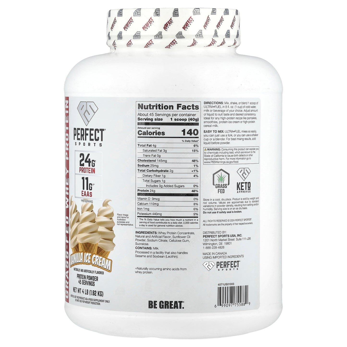 PERFECT Sports, Ultra Fuel, Grass-Fed Whey Protein, Vanilla Ice Cream, 4 lb (1.82 kg)
