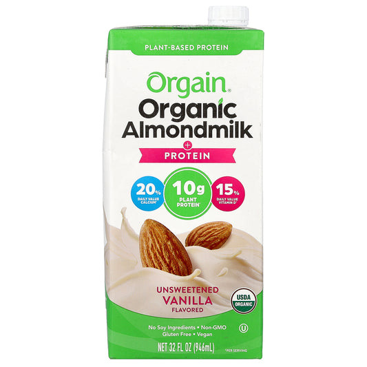 Orgain, Organic Almondmilk  + Protein, Plant-Based, Unsweetened Vanilla, 32 fl oz (946 ml)