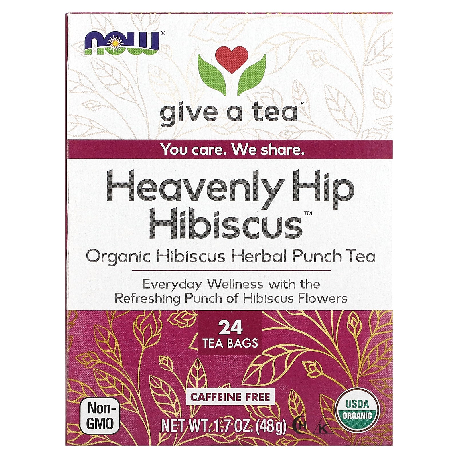 NOW Foods, Heavenly Hip Hibiscus, Caffeine Free, 24 Tea Bags, 1.7 oz (48 g)