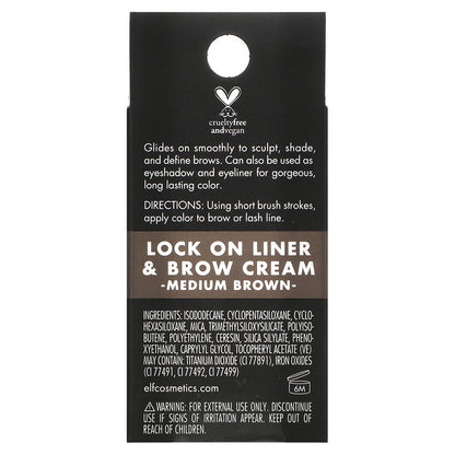 E.L.F., Lock On, Liner And Brow Cream, Medium Brown, 0.19 oz (5.5 g)