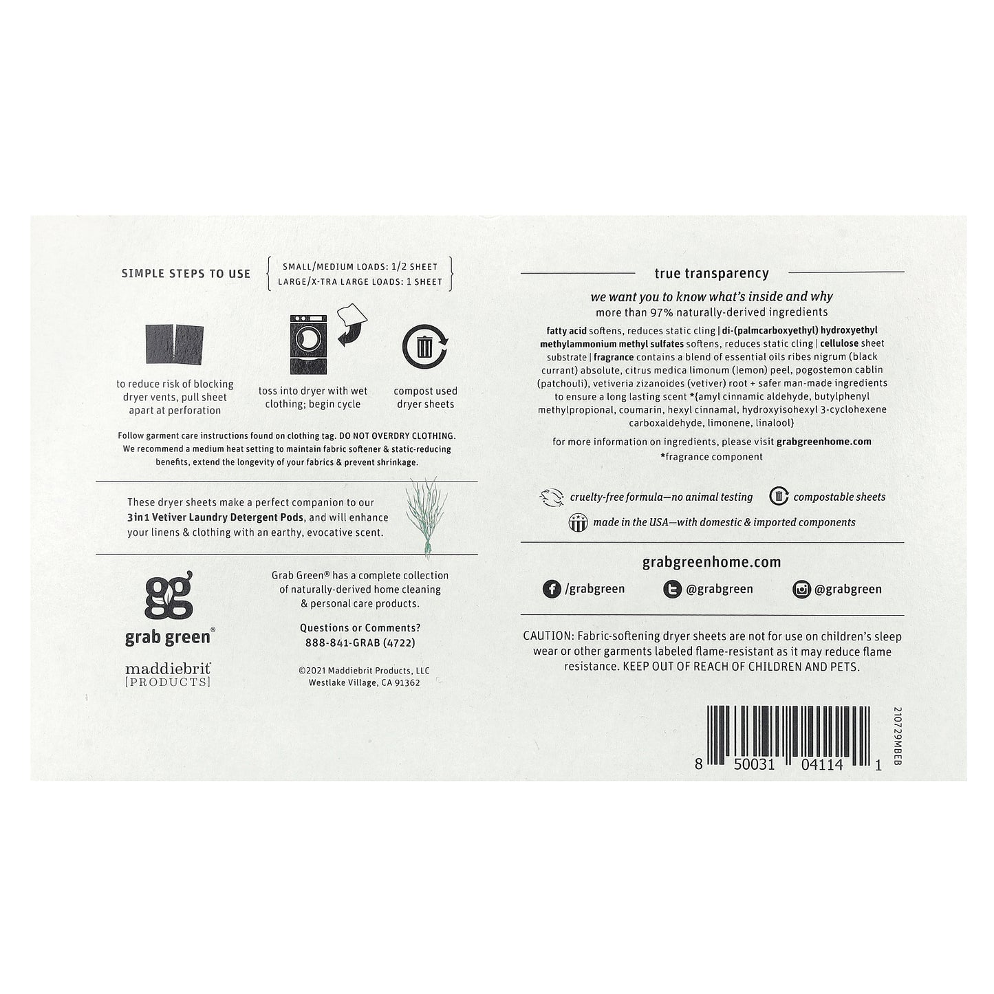 Grab Green, Dryer Sheets, Vetiver, 80 Compostable Sheets