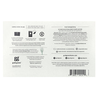 Grab Green, Dryer Sheets, Vetiver, 80 Compostable Sheets