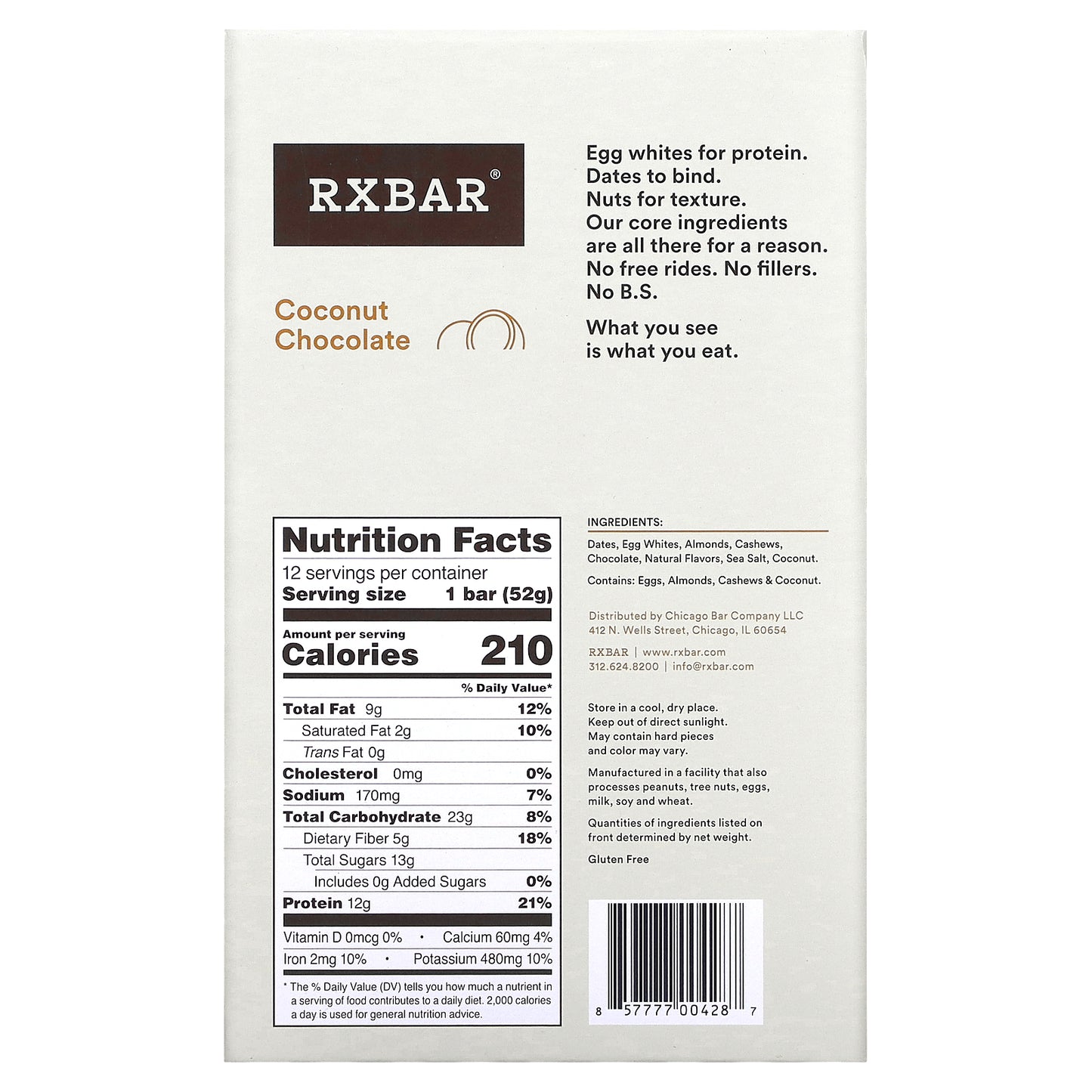 RXBAR, Protein Bar, Coconut Chocolate, 12 Bars, 1.83 oz (52 g) Each