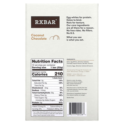 RXBAR, Protein Bar, Coconut Chocolate, 12 Bars, 1.83 oz (52 g) Each