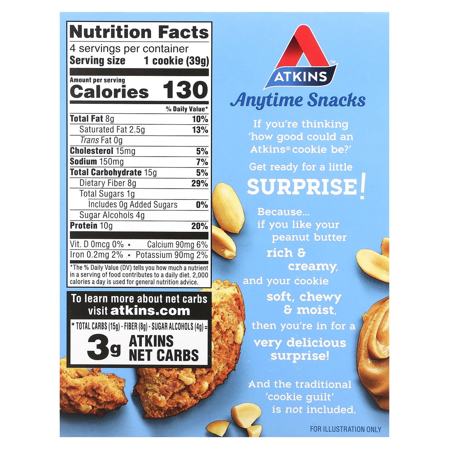 Atkins, Anytime Snacks, Protein Cookies, Peanut Butter, 4 Cookies, 1.38 oz (39 g) Each