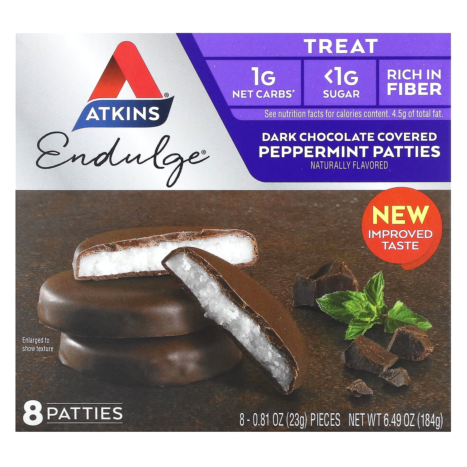 Atkins, Endulge, Dark Chocolate Covered Peppermint Patties, 8 Patties, 0.81 oz (23 g) Each