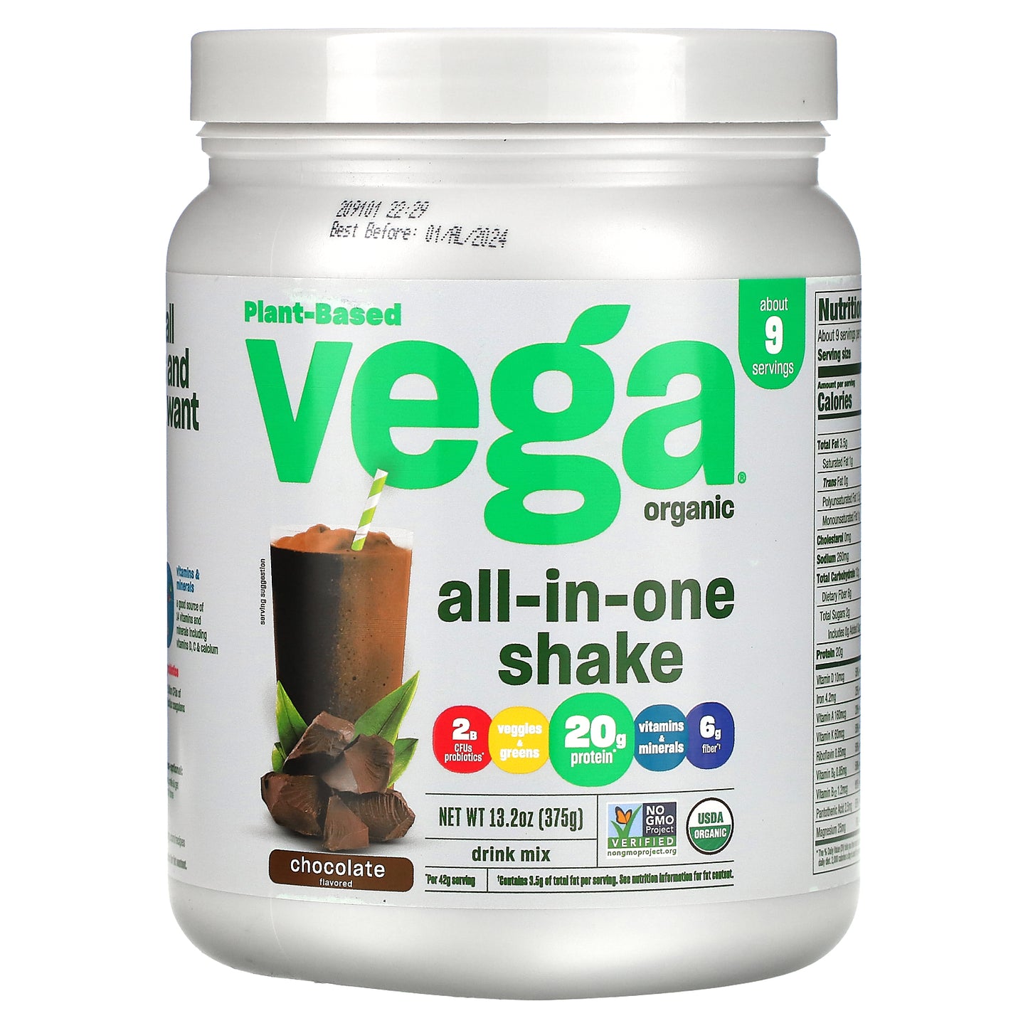 Vega, Organic, All-in-One Shake, Chocolate, 13.2 oz (375 g)