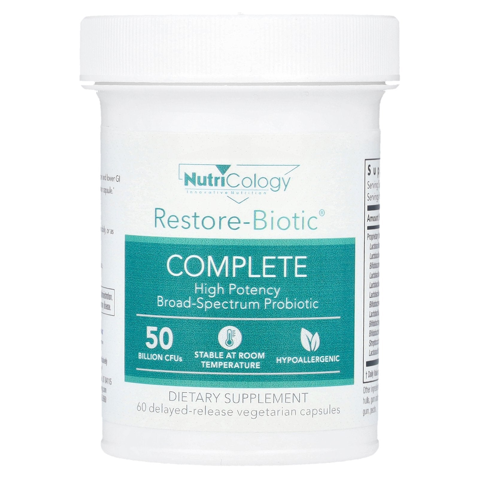 Nutricology, Restore-Biotic® Complete, 50 Billion CFUs, 60 Delayed-Release Vegetarian Capsules