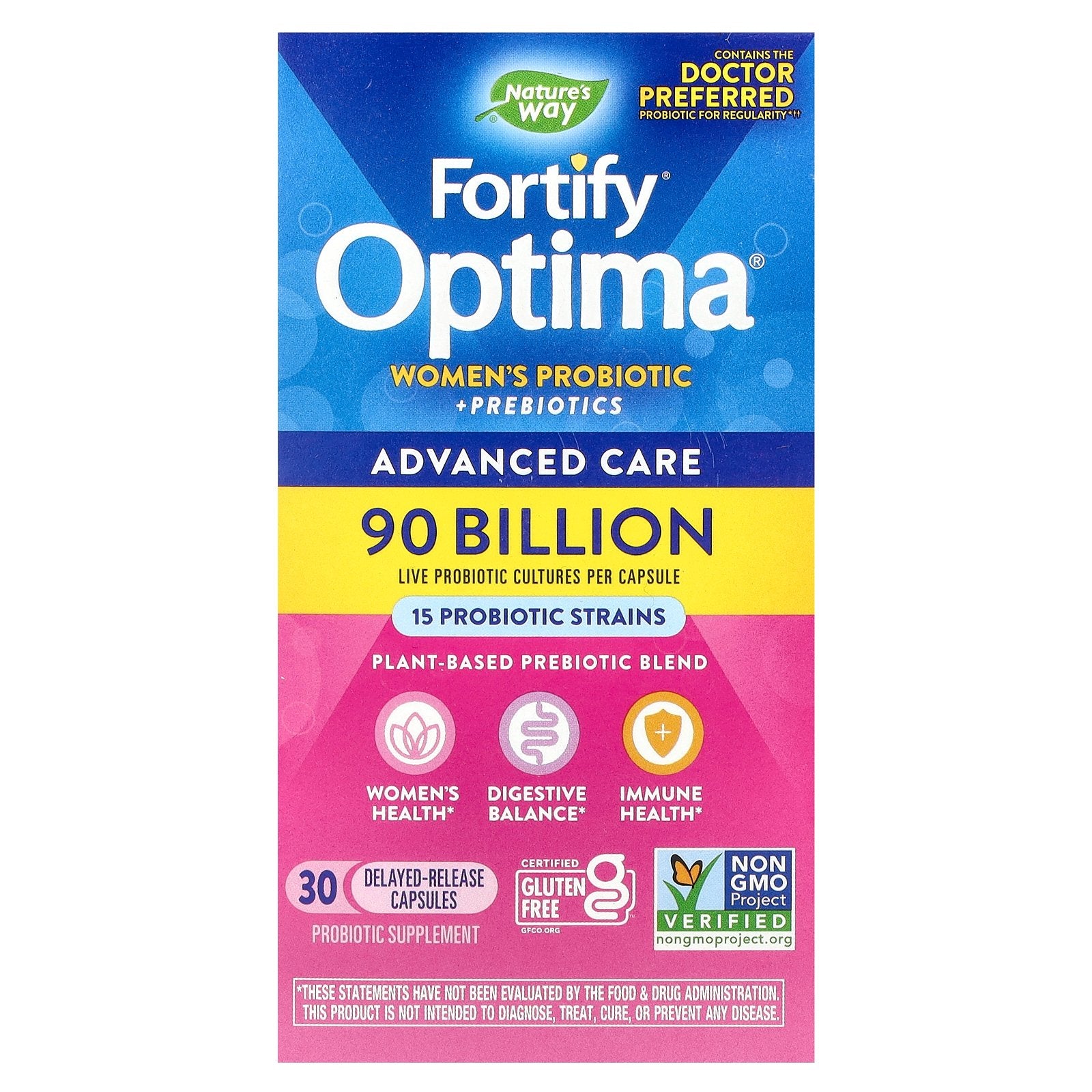 Nature's Way, Fortify Optima, Women's Probiotic + Prebiotics, Advanced Care, 90 Billion, 30 Delayed-Release Capsules