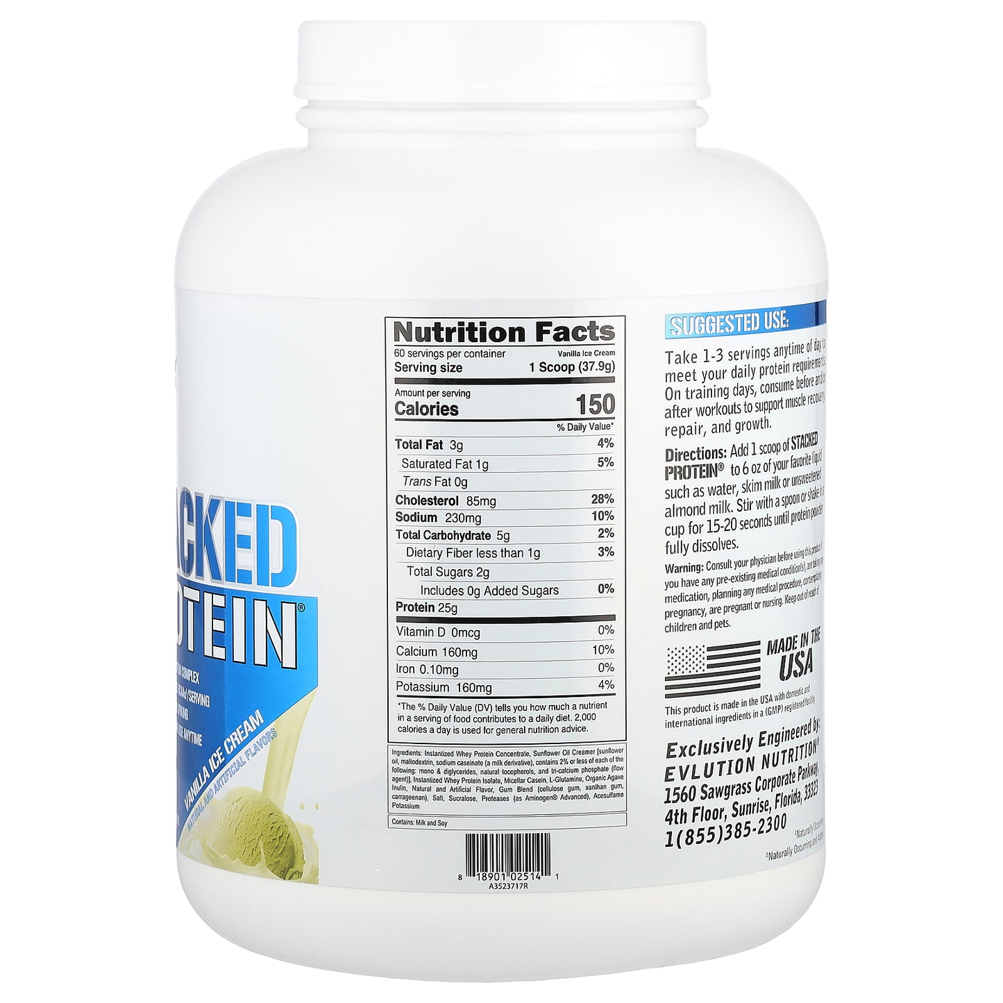 EVLution Nutrition, Stacked Protein® Powder, Vanilla Ice cream, 5 lb (2,268 kg)