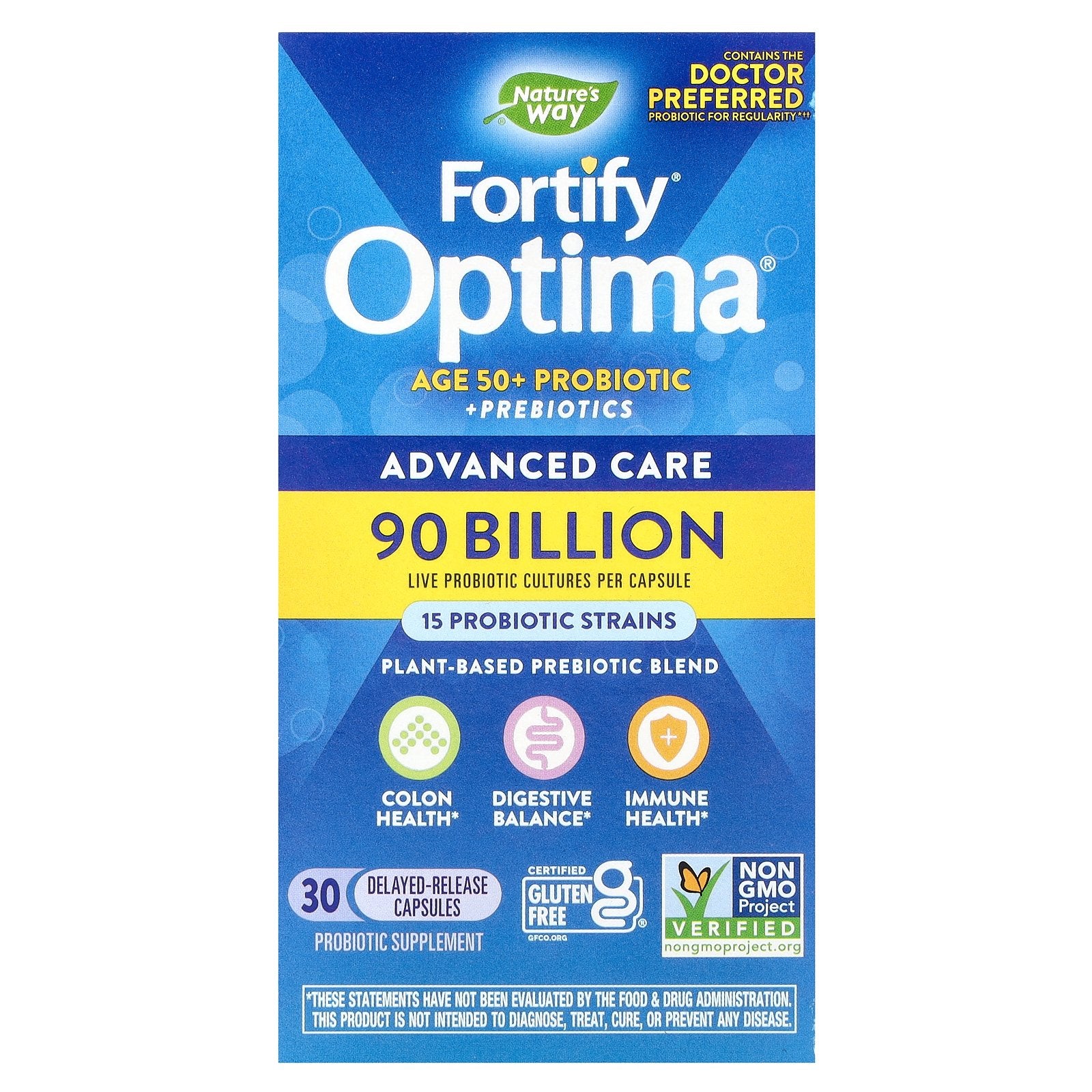 Nature's Way, Fortify Optima, Age 50+ Probiotic + Prebiotics, Advanced Care, 90 Billion CFU, 30 Delayed-Release Capsules