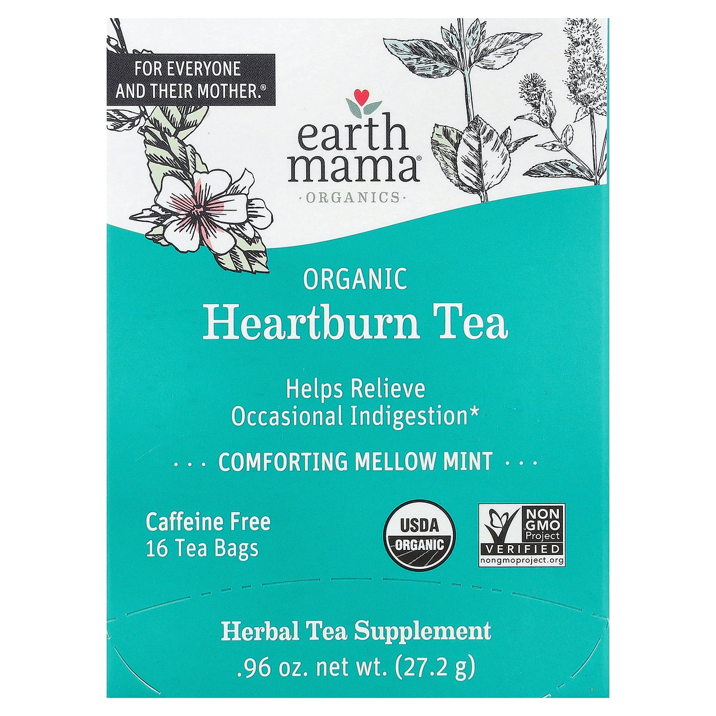 Earth Mama, Organics, Organic Heartburn Tea, Comforting Mellow Mint, Caffeine Free, 16 Tea Bags, 0.96 oz (27.2 g)