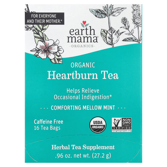 Earth Mama, Organics, Organic Heartburn Tea, Comforting Mellow Mint, Caffeine Free, 16 Tea Bags, 0.96 oz (27.2 g)