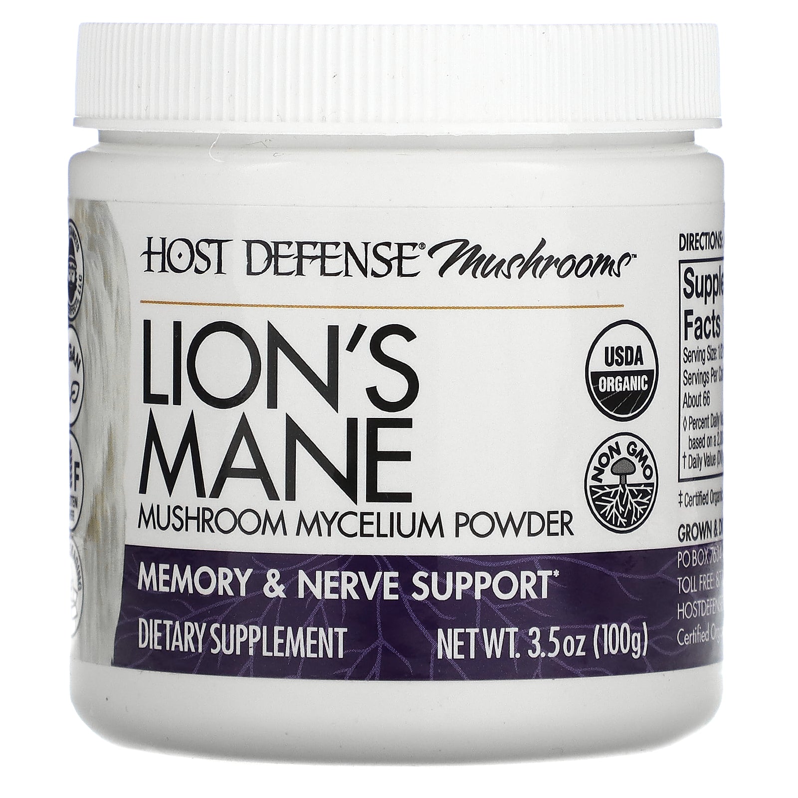 Host Defense, Mushrooms, Lion's Mane, Mushroom Mycelium Powder, 3.5 oz (100 g)