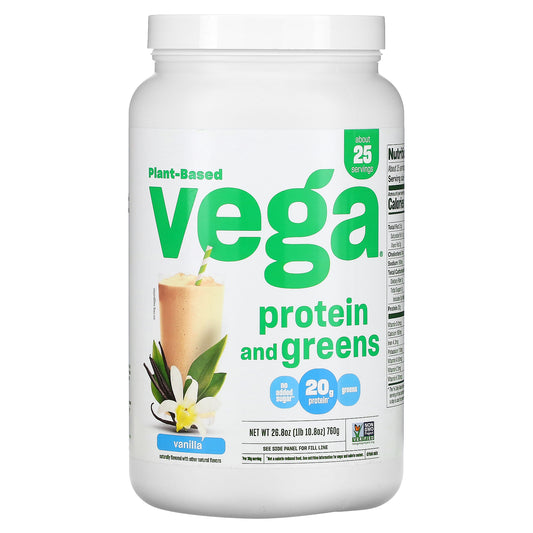 Vega, Plant Based Protein and Greens, Vanilla, 26.8 oz (760 g)