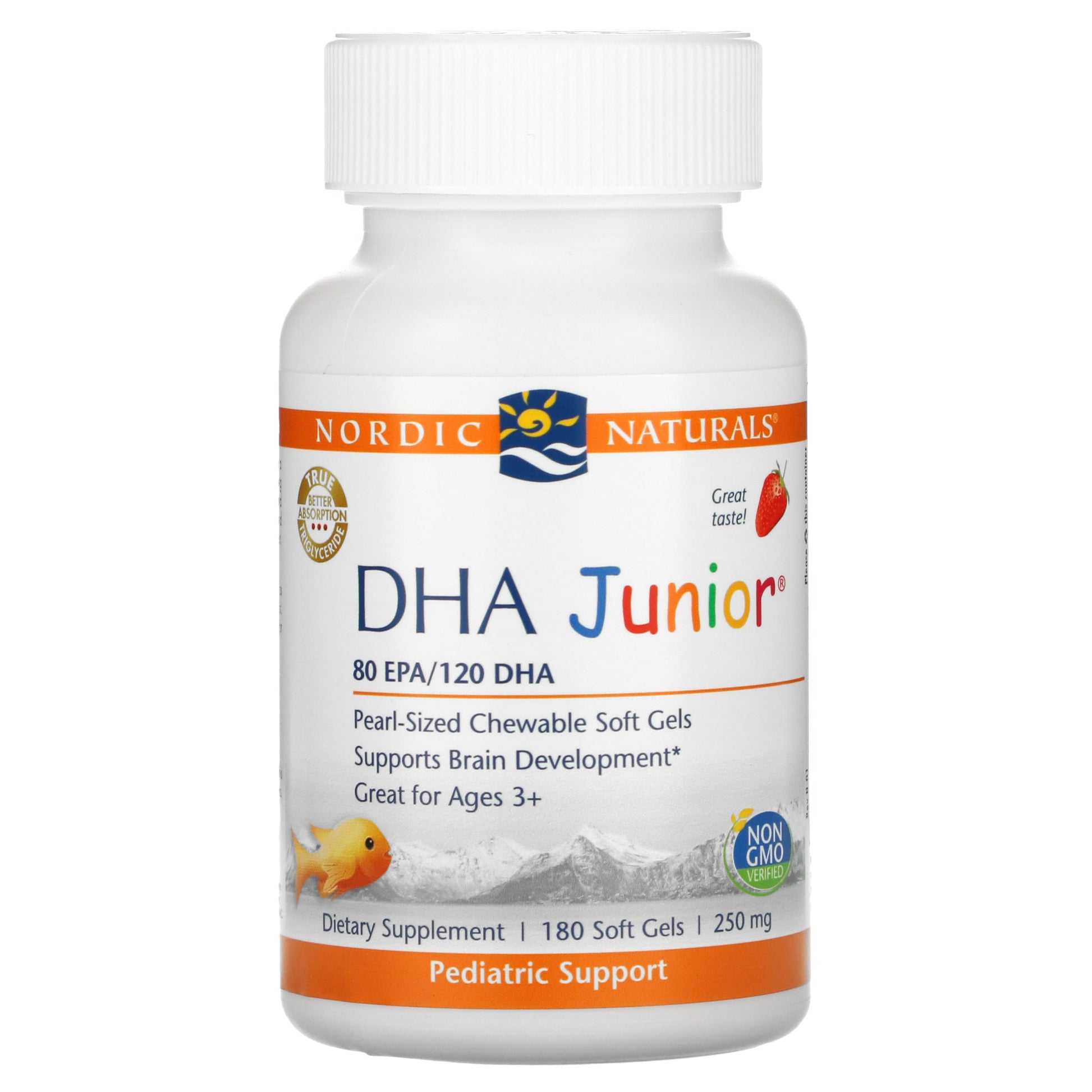 Nordic Naturals, DHA Junior, Great for Ages 3+, Strawberry, 250 mg, 180 Soft Gels (62.5 mg per Soft Gel)