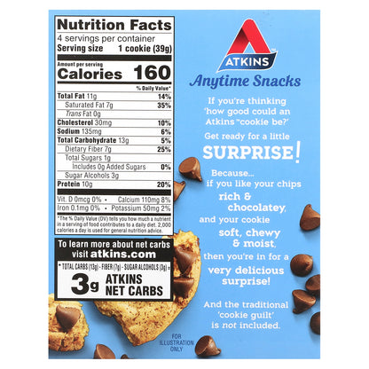 Atkins, Anytime Snacks, Protein Cookies, Chocolate Chip, 4 Cookies, 1.38 oz (39 g) Each