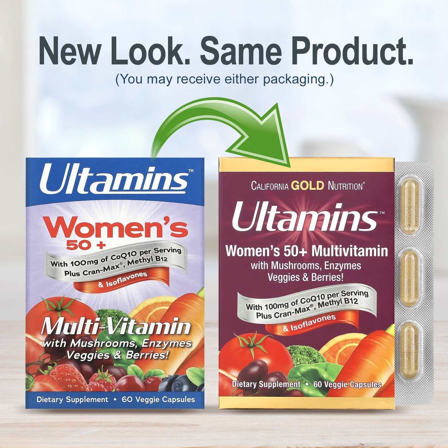 Ultamins, Women's 50+ Multivitamin with CoQ10, Mushrooms, Enzymes, Veggies & Berries, 60 Veggie Capsules