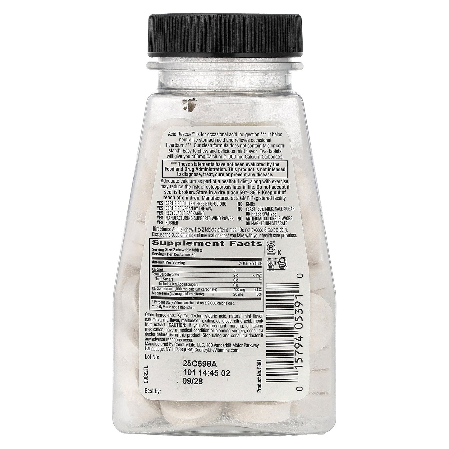 Country Life, Acid Rescue™, Calcium Carbonate, Mint, 60 Chewable Tablets