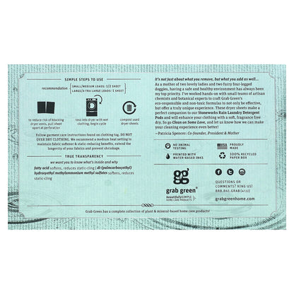 Grab Green, Stoneworks, Dryer Sheets, Rain,  80 Compostable Sheets