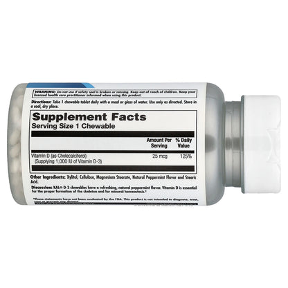 KAL, D-3, Peppermint, 25 mcg (1,000 IU), 200 Chewables