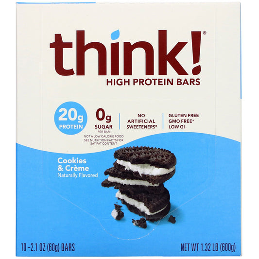 Think !, High Protein Bars, Cookies and Cream, 10 Bars, 2.1 oz (60 g) Each