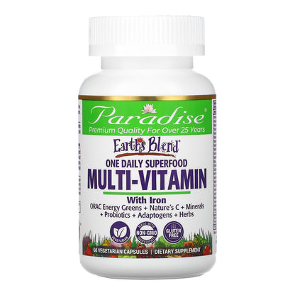 Paradise Herbs, Earth's Blend, One Daily Superfood Multi-Vitamin with Iron, 60 Vegetarian Capsules