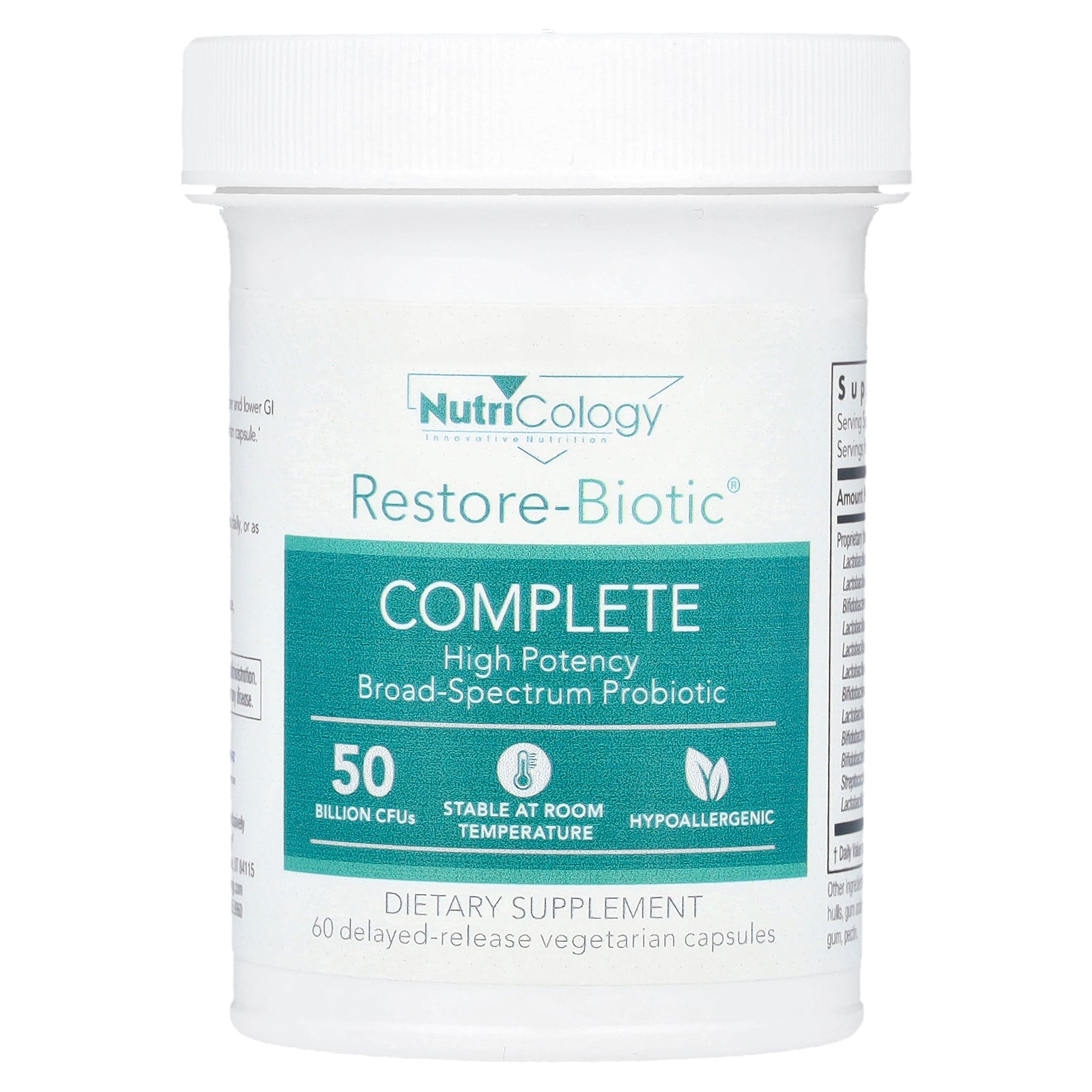 Nutricology, Restore-Biotic® Complete, 50 Billion CFUs, 60 Delayed-Release Vegetarian Capsules