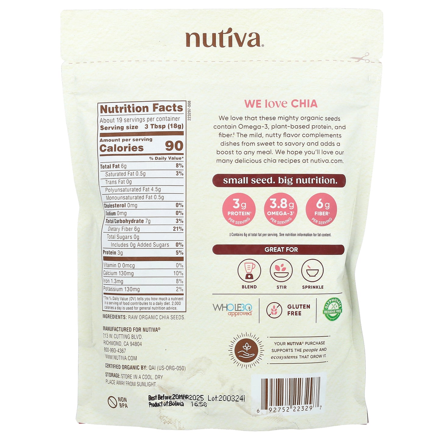 Nutiva, Organic Ground Chia Seeds, 12 oz (340 g)