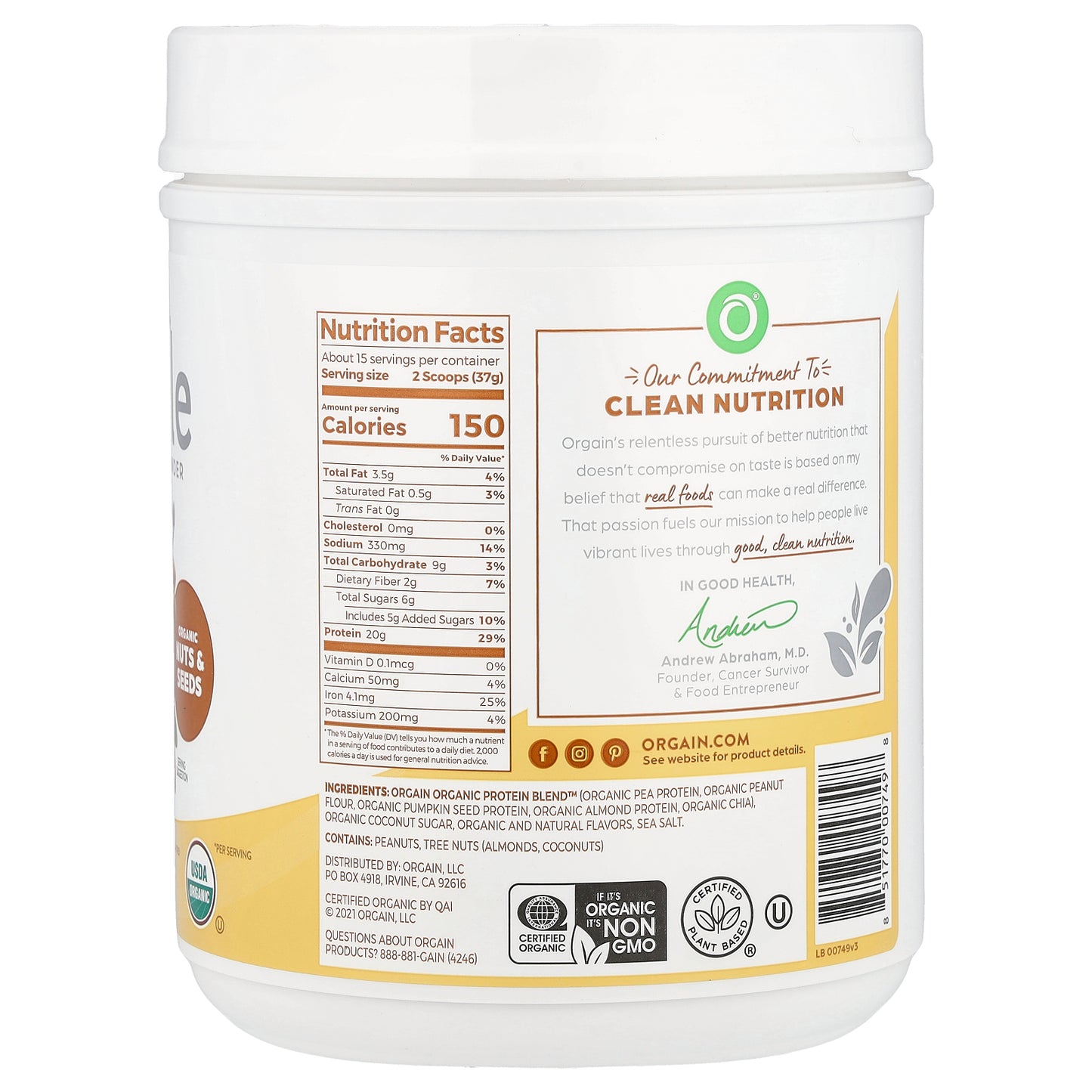 Orgain, Simple, Organic Plant Protein Powder, Peanut Butter, 20 oz (567 g)