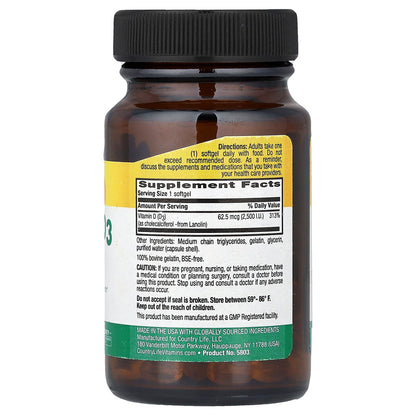Country Life, Vitamin D3, 62.5 mcg (2,500 IU), 60 Softgels