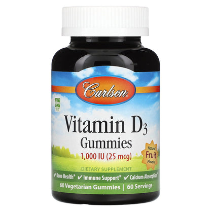 Carlson, Vitamin D3 Gummies, Natural Fruit Flavors, 25 mcg (1,000 IU), 60 Gummies