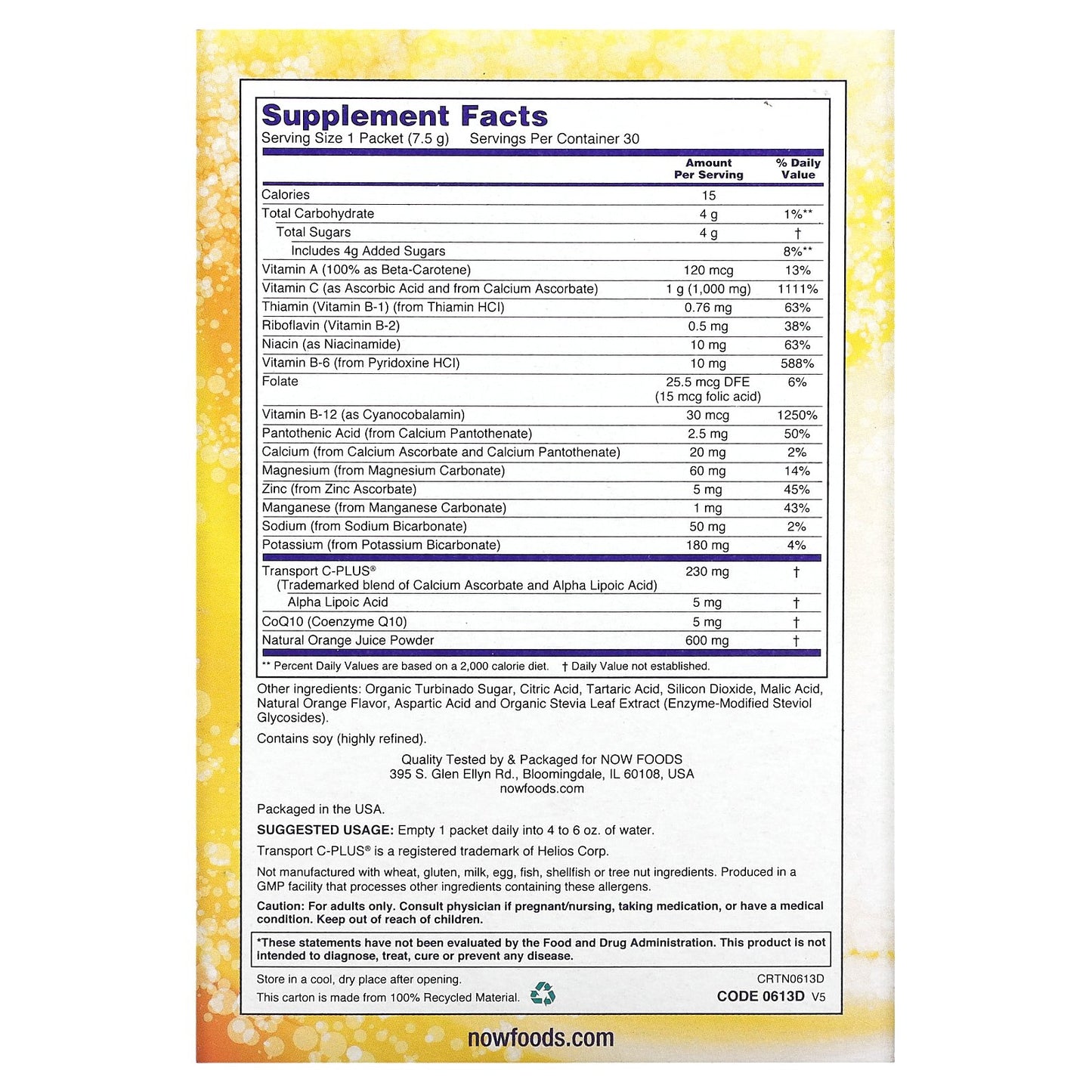 NOW Foods, Effer-C, Effervescent Drink Mix, Orange, 1,000 mg, 30 Packets, .26 oz (7.5 g) Each