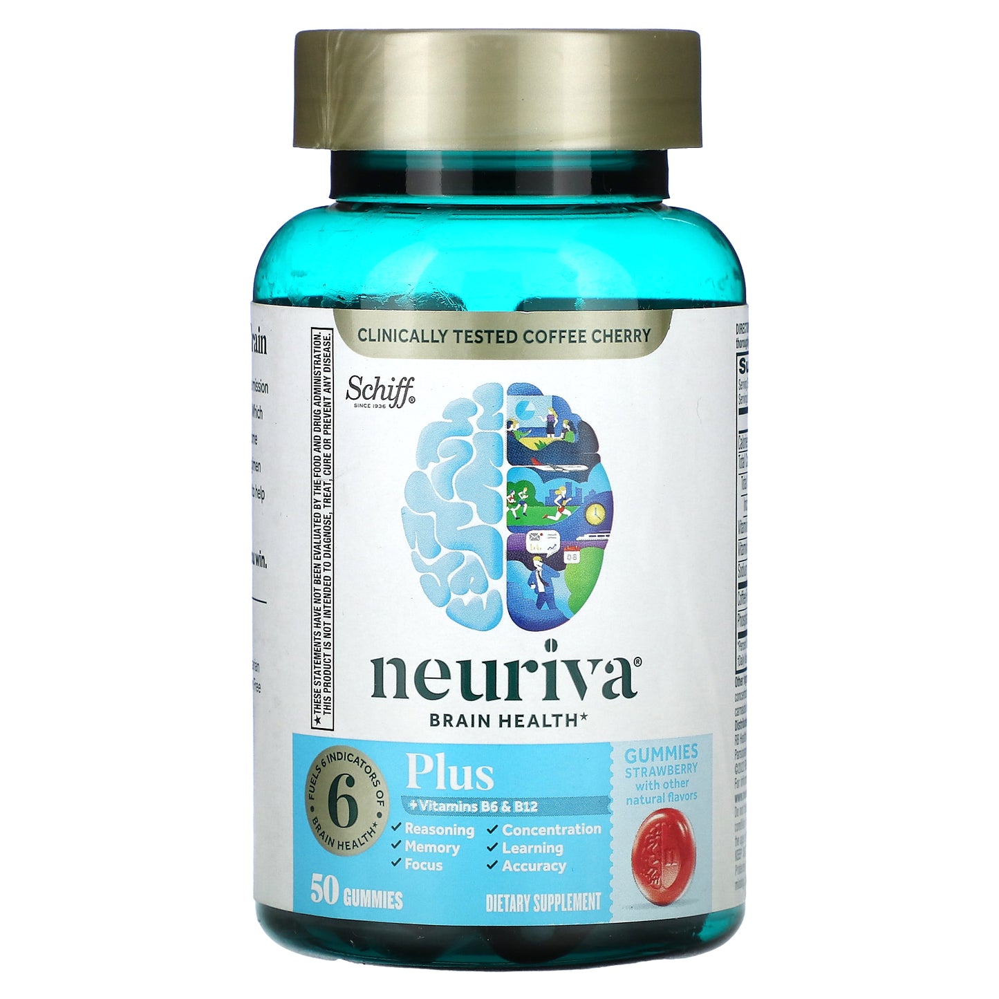 Schiff, Neuriva Brain Health, Plus Vitamins B6 & B12, Strawberry, 50 Gummies