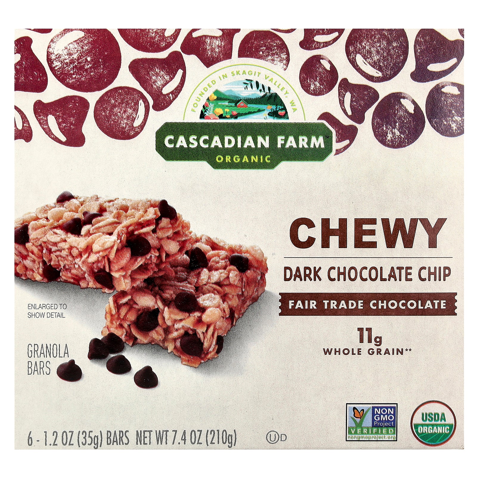Cascadian Farm, Organic Chewy Granola Bars, Dark Chocolate Chip, 6 Bars, 1.2 oz (35 g) Each