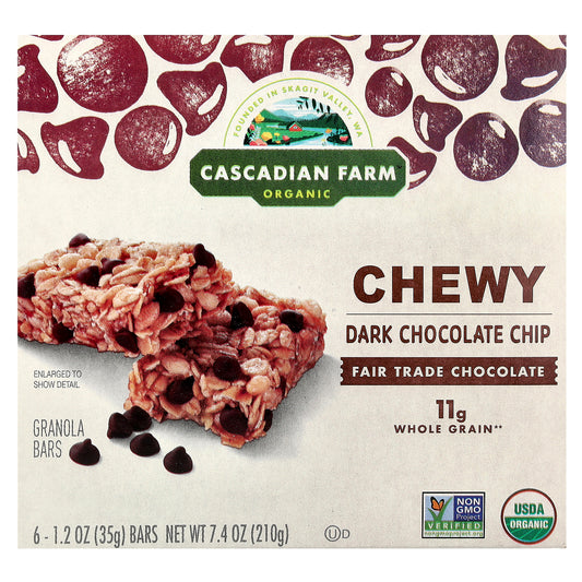 Cascadian Farm, Organic Chewy Granola Bars, Dark Chocolate Chip, 6 Bars, 1.2 oz (35 g) Each