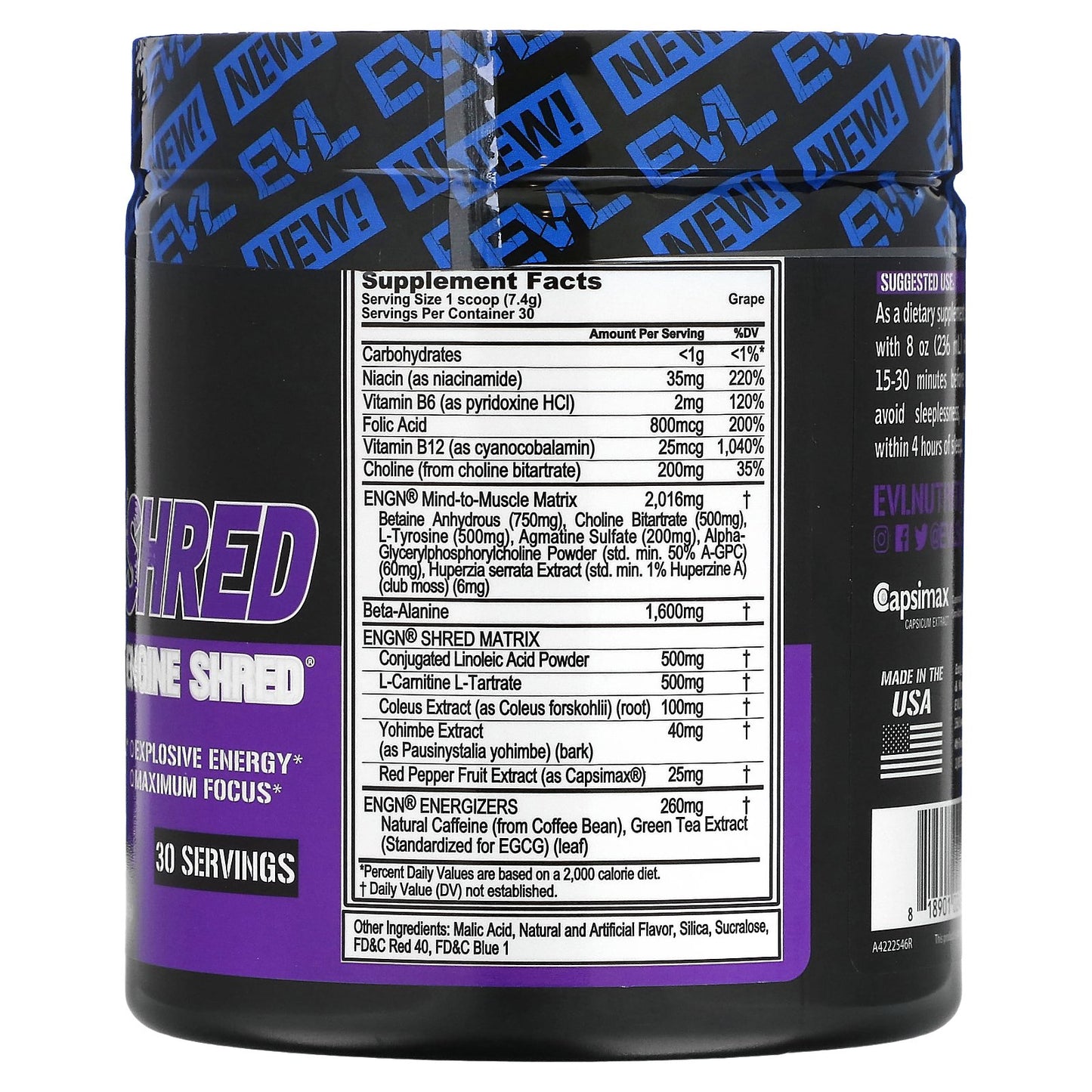 EVLution Nutrition, ENGN Shred, Pre-Workout Engine Shred, Grape, 7.8 oz (222 g)